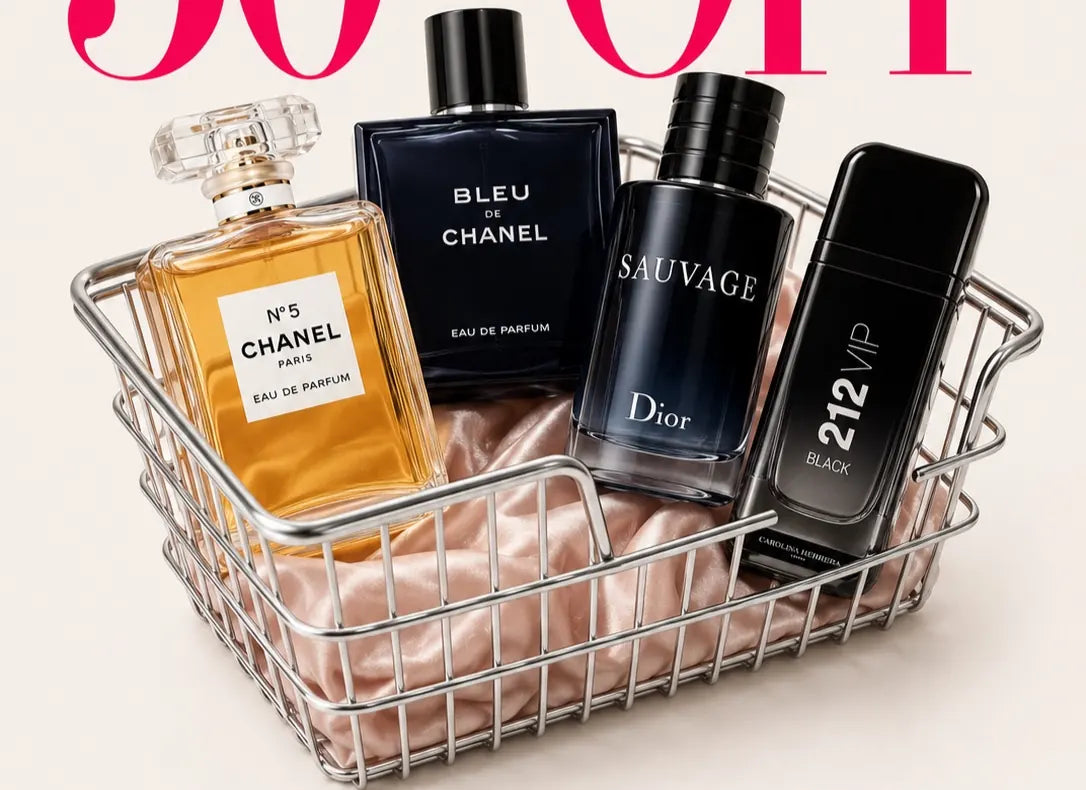 N°5, Bleu de Chanel, Sauvage and 212 VIP Black in a basket